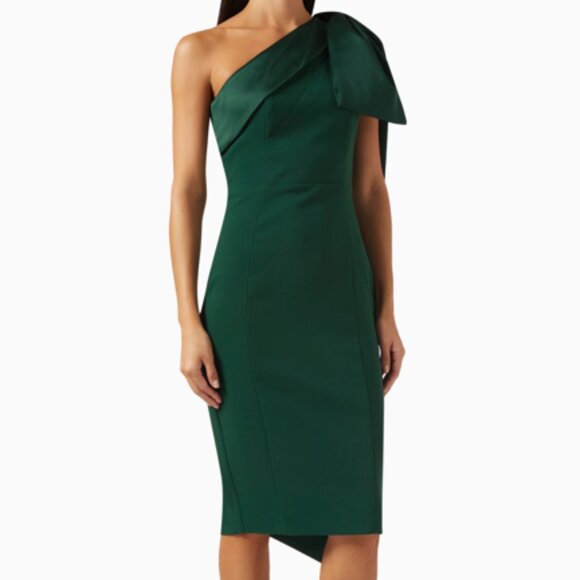 Lavish Alice Gemma Dress One Shoulder Bow Detail Midi Dress in Emerald Green - Picture 2 of 7